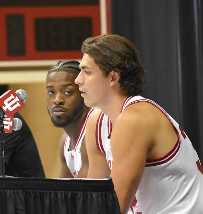 Xavier Johnson and Trey Galloway take turns answering questions from the media on IU Basketball Media Day at Simon Skjodt Assembly Hall on Wednesday.